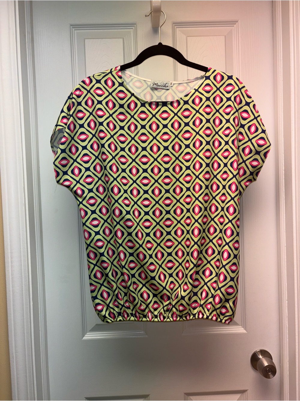 Monika Women’s Size 44 Green Pink Navy Geometric Print Blouse Top